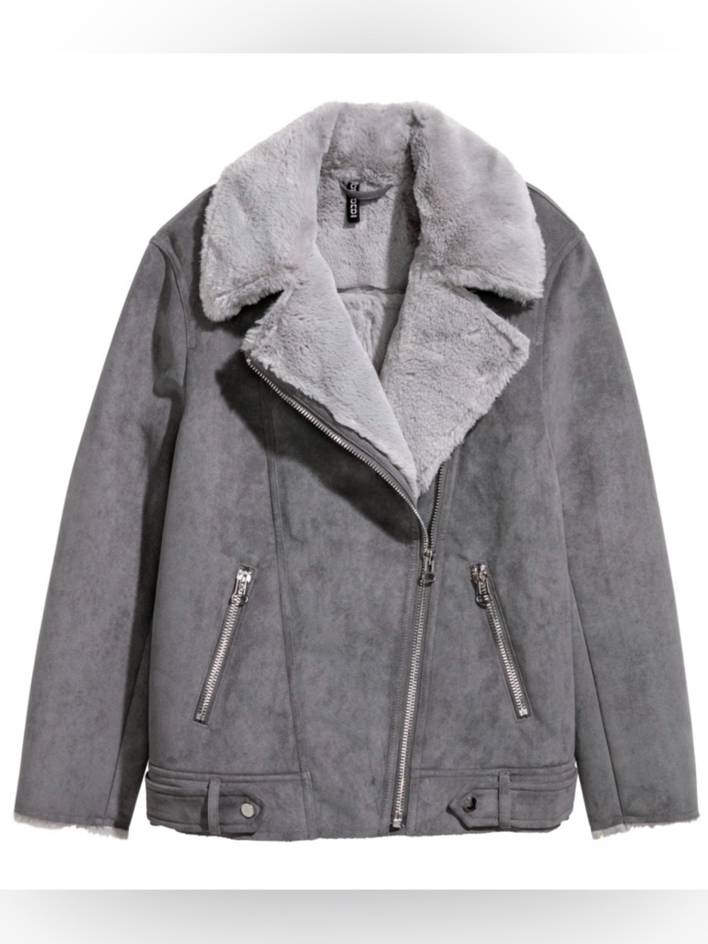 H&M Divided Faux Shearling Moto Jacket Gray Suede Moto Biker Coat